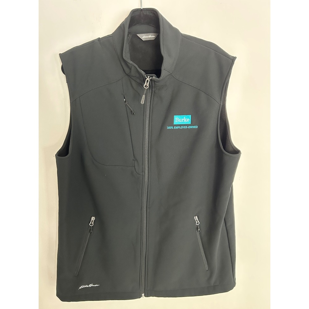 Eddie Bauer Mens Black Softshell Fleece Lined Full Zip Vest Burke Logo XL EB546